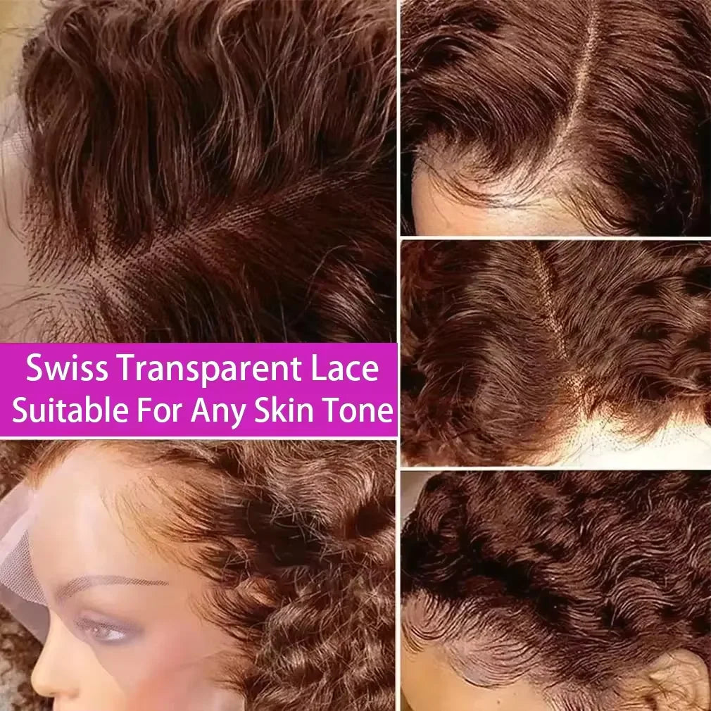 13x4 Short Bob Wigs 100% Human Hair Chocolate Brown Deep Wave Human Hair Wig #4 Brown Curly Frontal Wigs