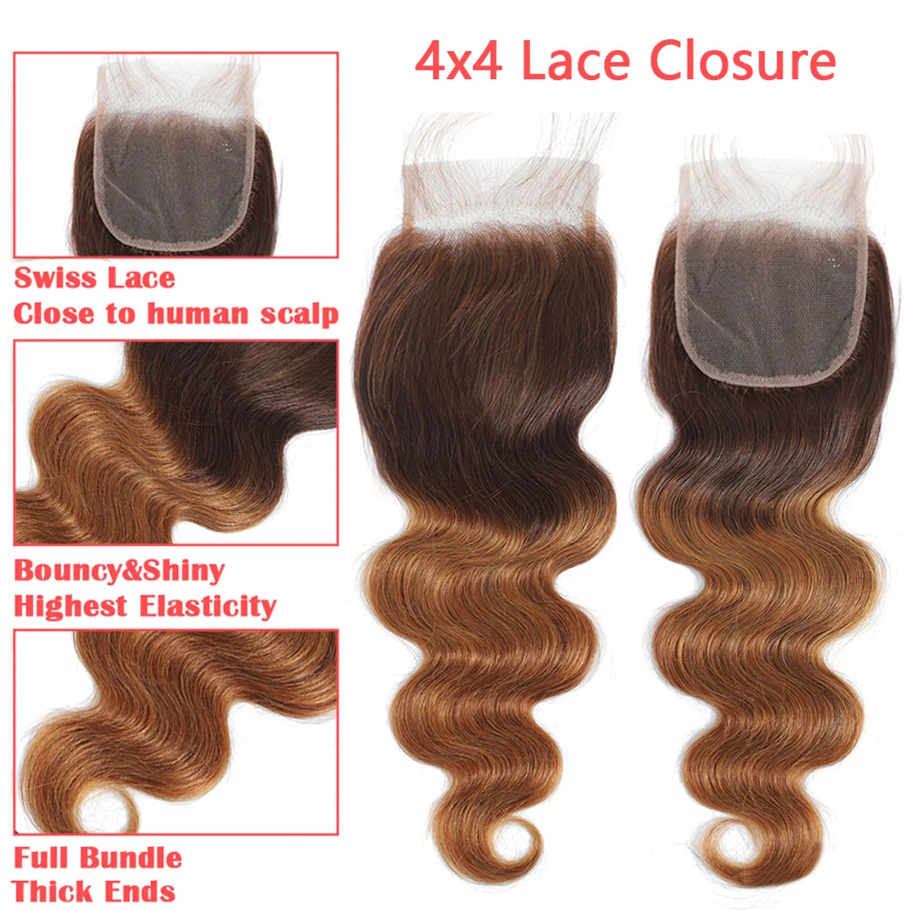 Ombre Human Hair Bundles With Closure Body Wave 100% Unprocessed Virgin Hair Brown Blonde Colored 3/4 Bundles With Closure
