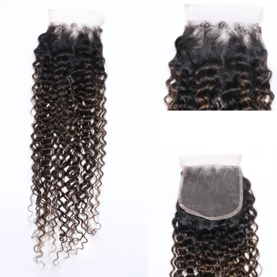 FB30 Brown Highlights 3/4 Pcs Jerry Curly Brazilian Human Hair Weave Bundles with Closure Remy Hair Extensions