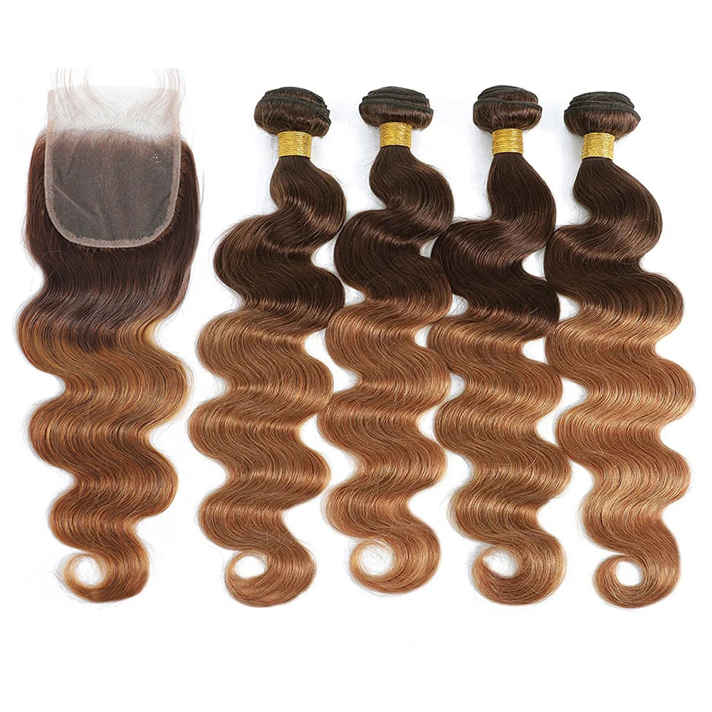 Ombre Human Hair Bundles With Closure Body Wave 100% Unprocessed Virgin Hair Brown Blonde Colored 3/4 Bundles With Closure