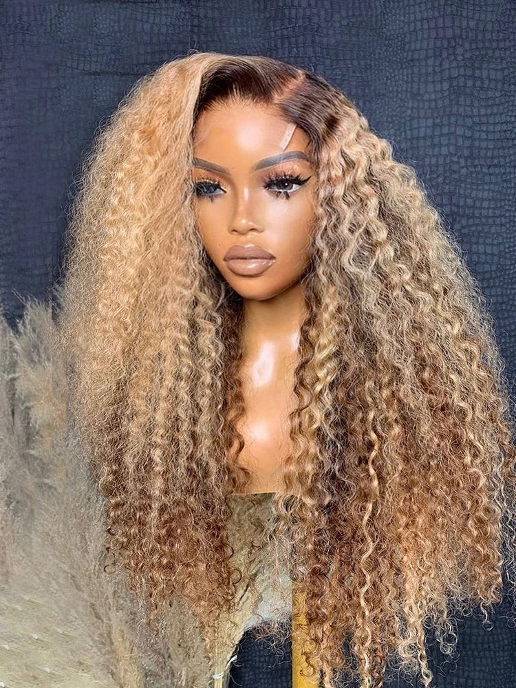Ombre Honey Blonde Highlight Wig Human hair 13X6 Transparent Kinky Curly Lace Front Wigs with Brown Roots