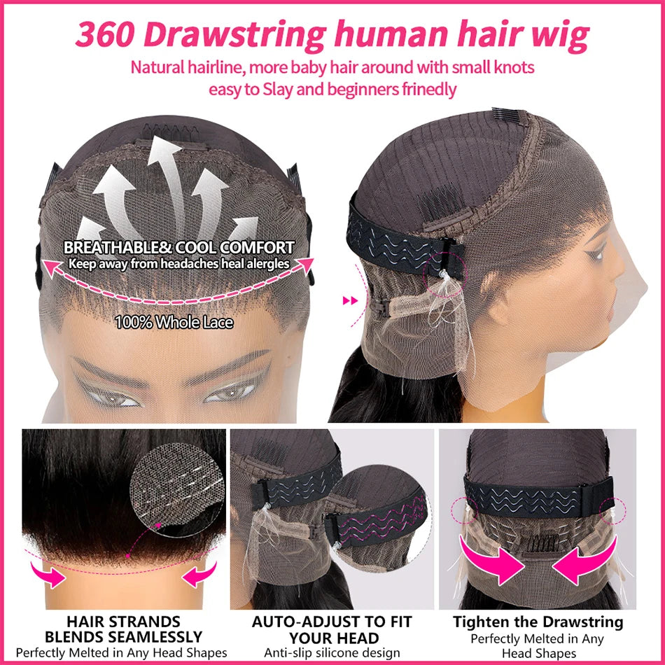 Straight 250 Density Real Full Lace Human Hair Wig Brazilian Pre Plucked 360 HD Full Lace Invisible Strap Snug Fit Wig