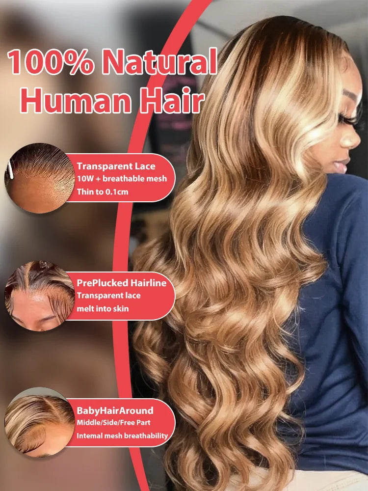 250 Density Highlight Ombre 100% Human Hair 13x6 HD Lace Frontal Wigs Body Wave Water Loose Brown Brazilian