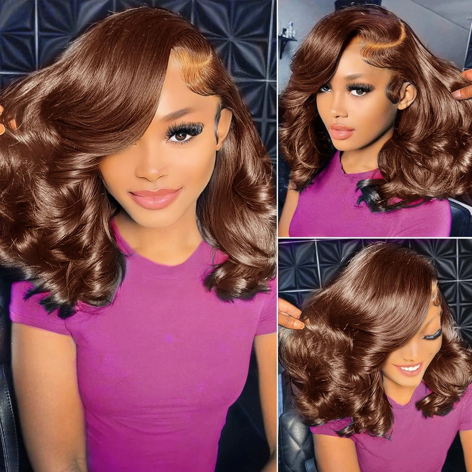 Body Wave 250% Density Chocolate Brown Short Bob Wig 13x4 HD Lace Front Wig 100% Human Hair Loose Wave Bob Wigs