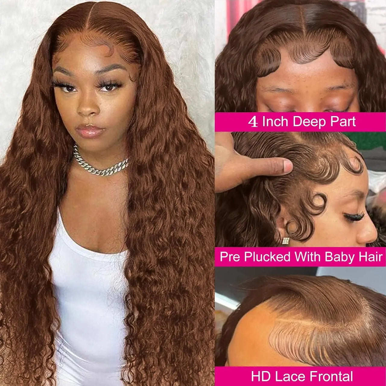 Curly wigs Transparent Lace Front Wig Chocolate Brown Brazilian Deep Wave Frontal Human Hair Wig  Pre-Plucked