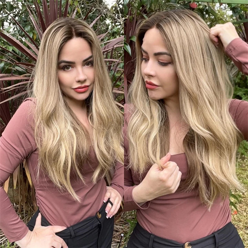 Ash Blonde Highlight Synthetic HD Lace Front Wig Colored Silk Loose Wave Glueless Wig Dark Roots Blonde Wig