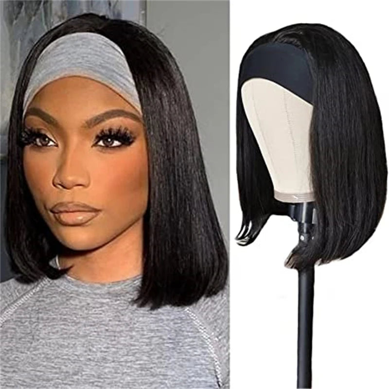 Headband Wig 100% Human Hair Short Straight Bob 150% Density Bob Wig Human Hair Headband Wigs Machine Made Wig