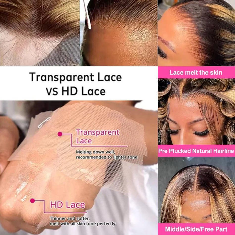 P4/27 Highlight HD Transparent Full Frontal Lace Human Hair Wigs Brazilian Body Wave Frontal
