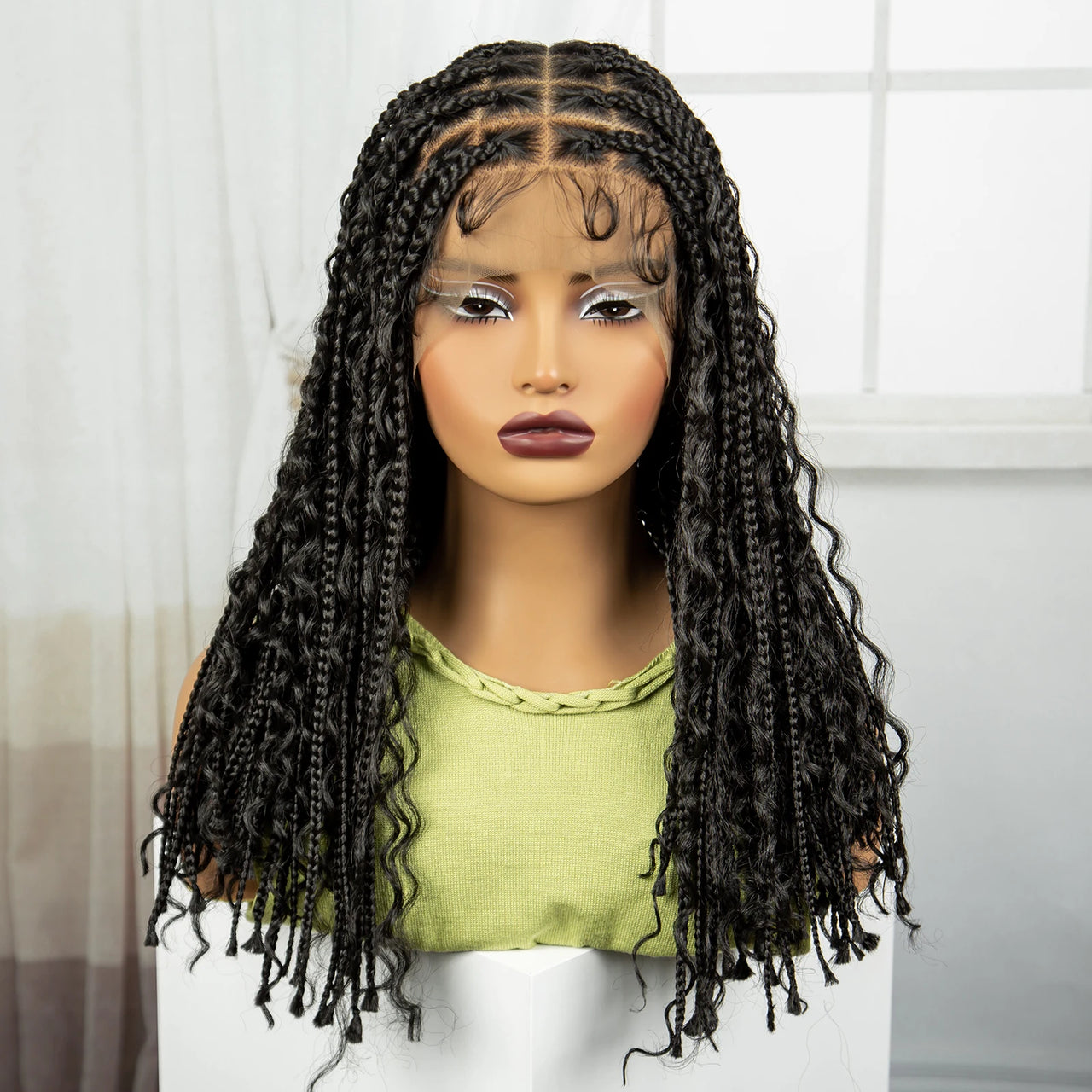 18" Full Lace Boho Braided Wigs with Curly Hair Synthetic Knotless Box Braided Lace Wigs with Baby Hair