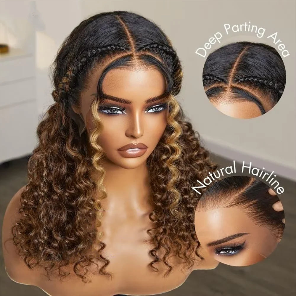 Pre Cut 7x5 Curly Bob Glueless Wigs Human Hair Pre Plucked 4/27 Highlight Ombre