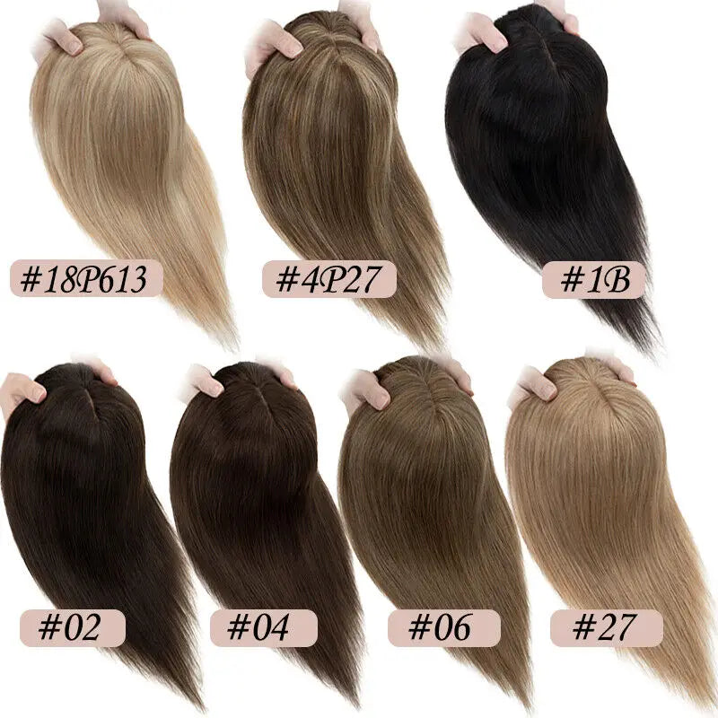 Women Toupee Silk Base Topper Clip In Real Human Hair Wigs Hairpiece With Bangs Straight Hair Toppers