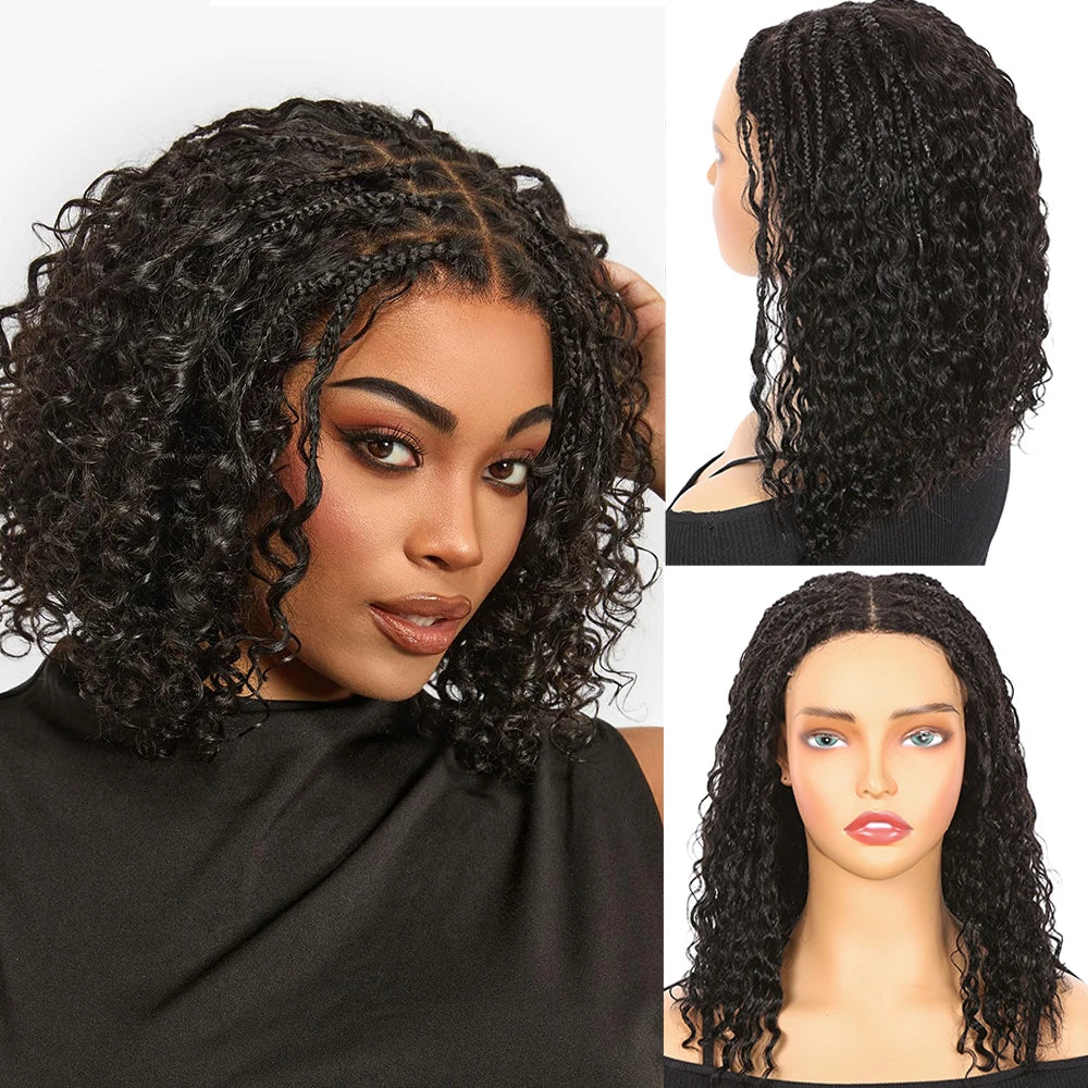 Boho Box Braids Wig 5X5 Curly Lace Closure Braided Wig Square Parted Knotless