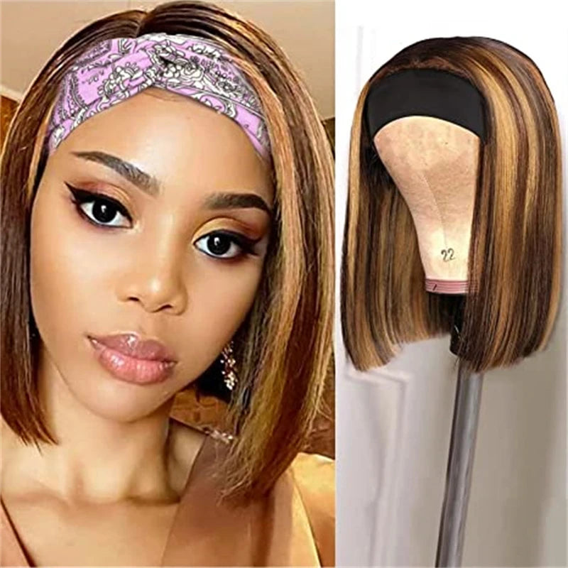 Headband Wig 100% Human Hair Short Straight Bob 150% Density Bob Wig Human Hair Headband Wigs Machine Made Wig