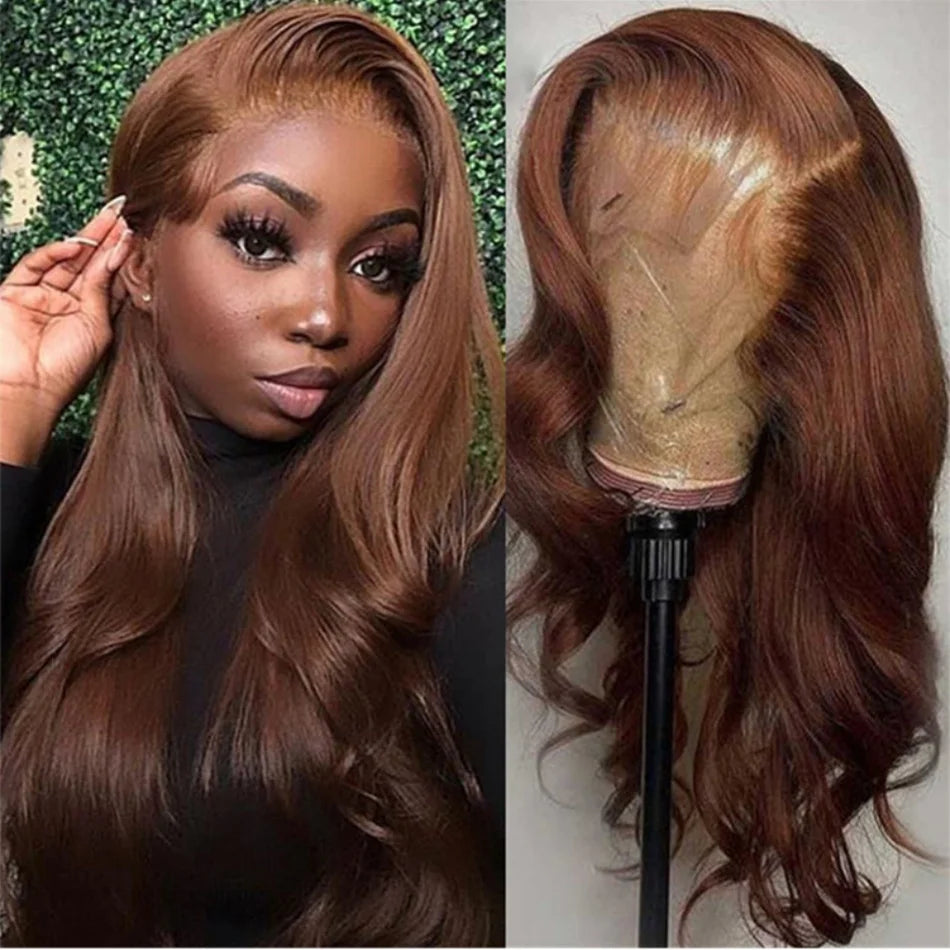 30 Inch Chocolate Brown Body Wave Pre-Plucked Brown Transparent Lace Frontal Wigs