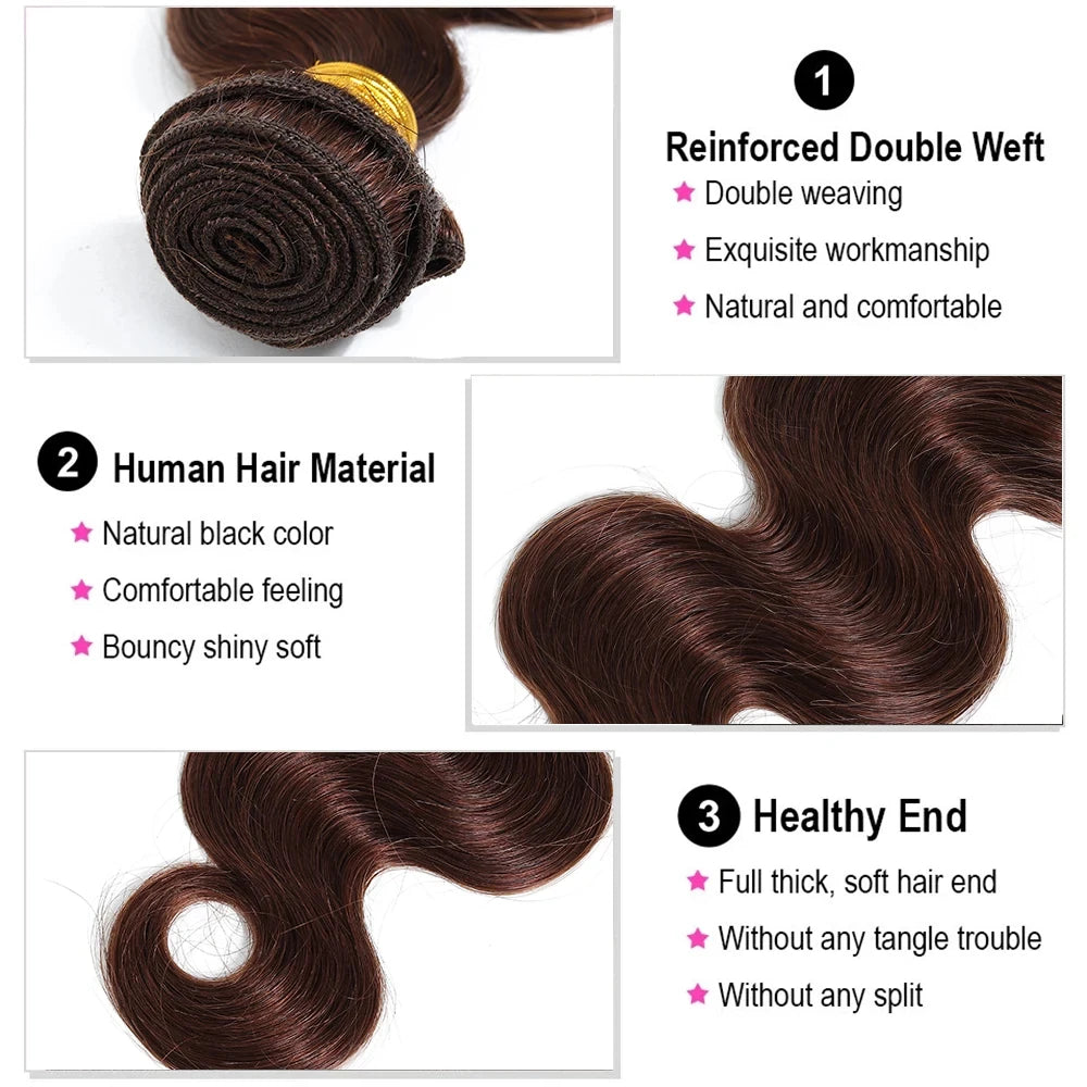 #4 Dark Brown Body Wave Bundles 1/3PCS 100% Human Hair Bundles 18-30 Inches Remy Hair Extensions Brazilian Double Draw