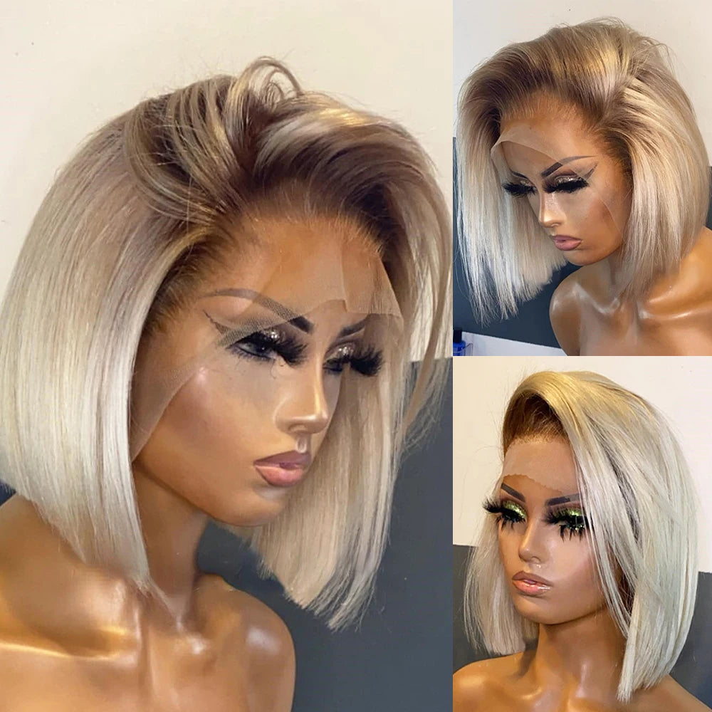 Short Bob Wig Ombre Blonde Lace Front Human Hair Wigs Straight 150 Density