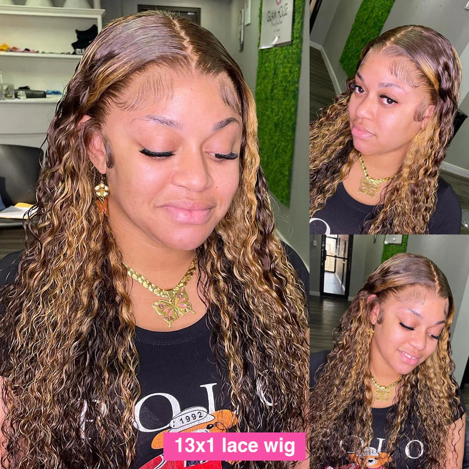 360 Highlight HD Wig Mongolian Kinky Curly Wig For Women 4/27 Ombre Curly Human Hair Lace Frontal Wig