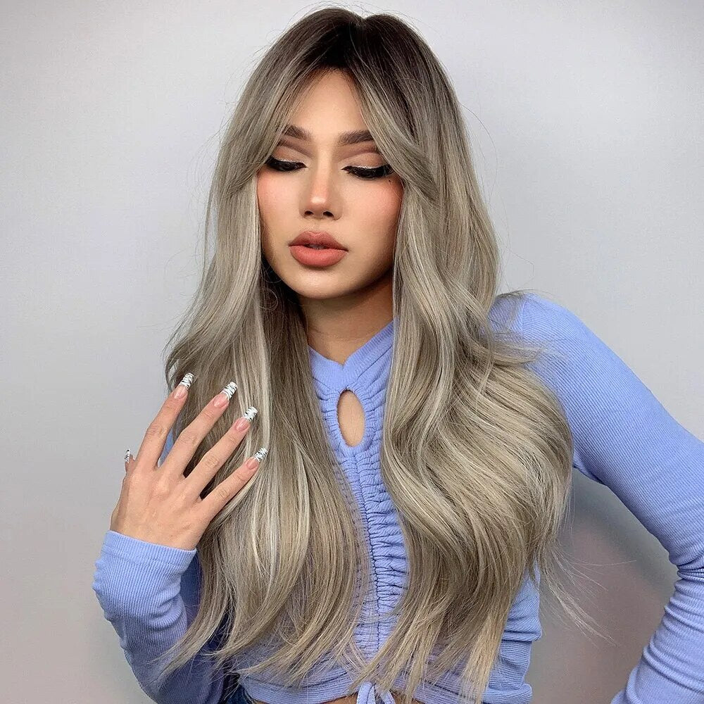 Brown Blonde Ombre Natural Hair Wigs for Women Long Wavy With Dark Roots Synthetic Wig