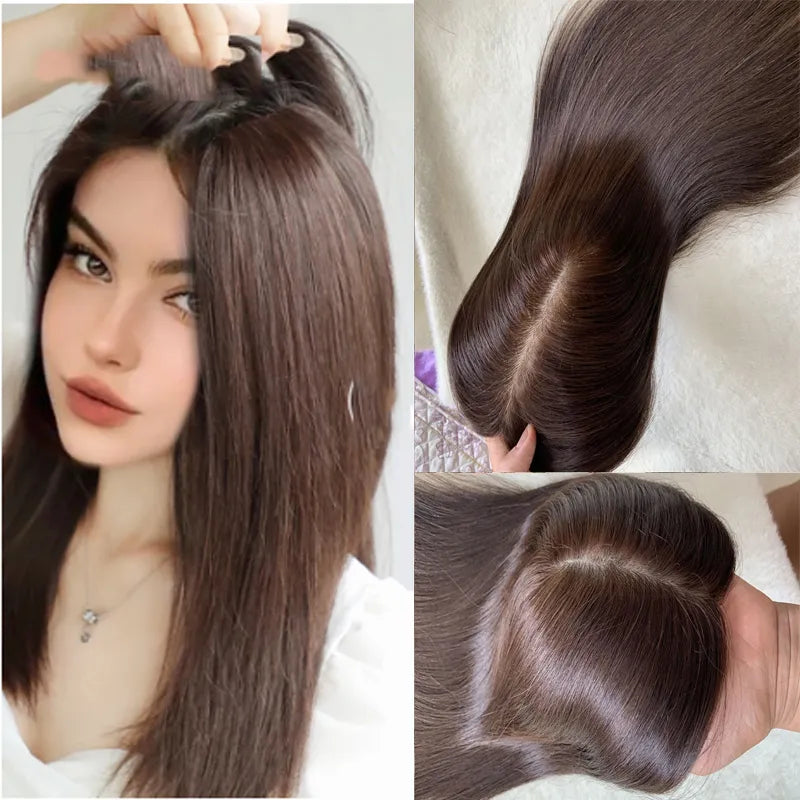 Natural Straight European Virgin Human Hair Topper  Full Silk Base Toupee with 4 Clips