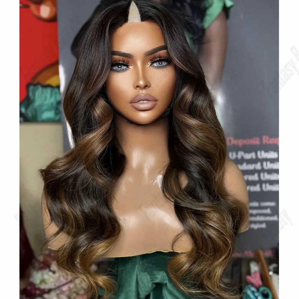 Natural Human Hair V Part Wig for Black Women Adjustable Honey Brown Balayage Loose Wave1*4Size U Part Wigs with Clips Easy Wear