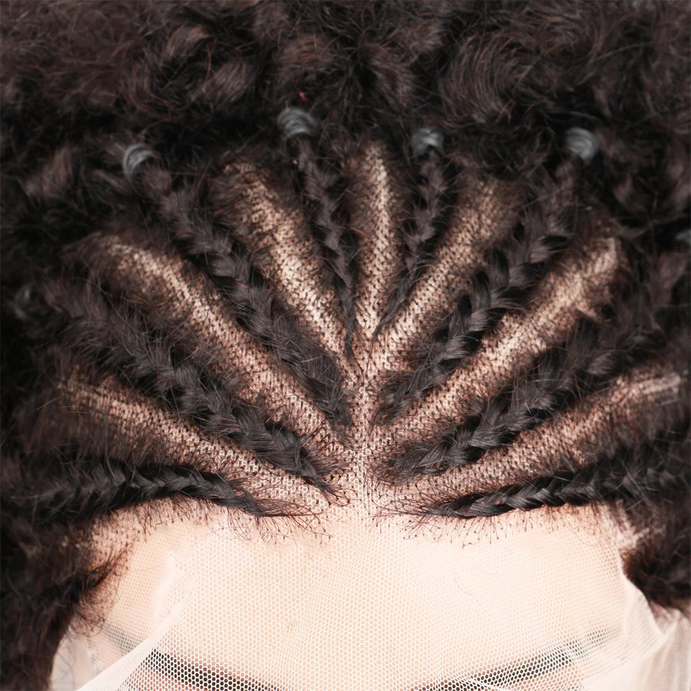 Afro Puff 13x4 Lace Frontal Human Hair With Pre Made Cornrow Braided Kinky Curly Wig With Baby HairHair Wig