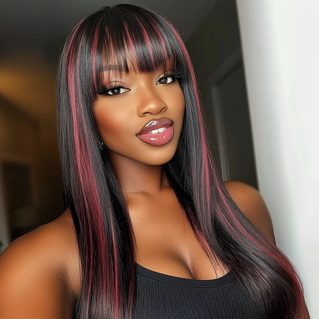 24" Long Highlight Burg Red Bone Straight Human Hair Wigs With Bangs Brazilian Remy Hair