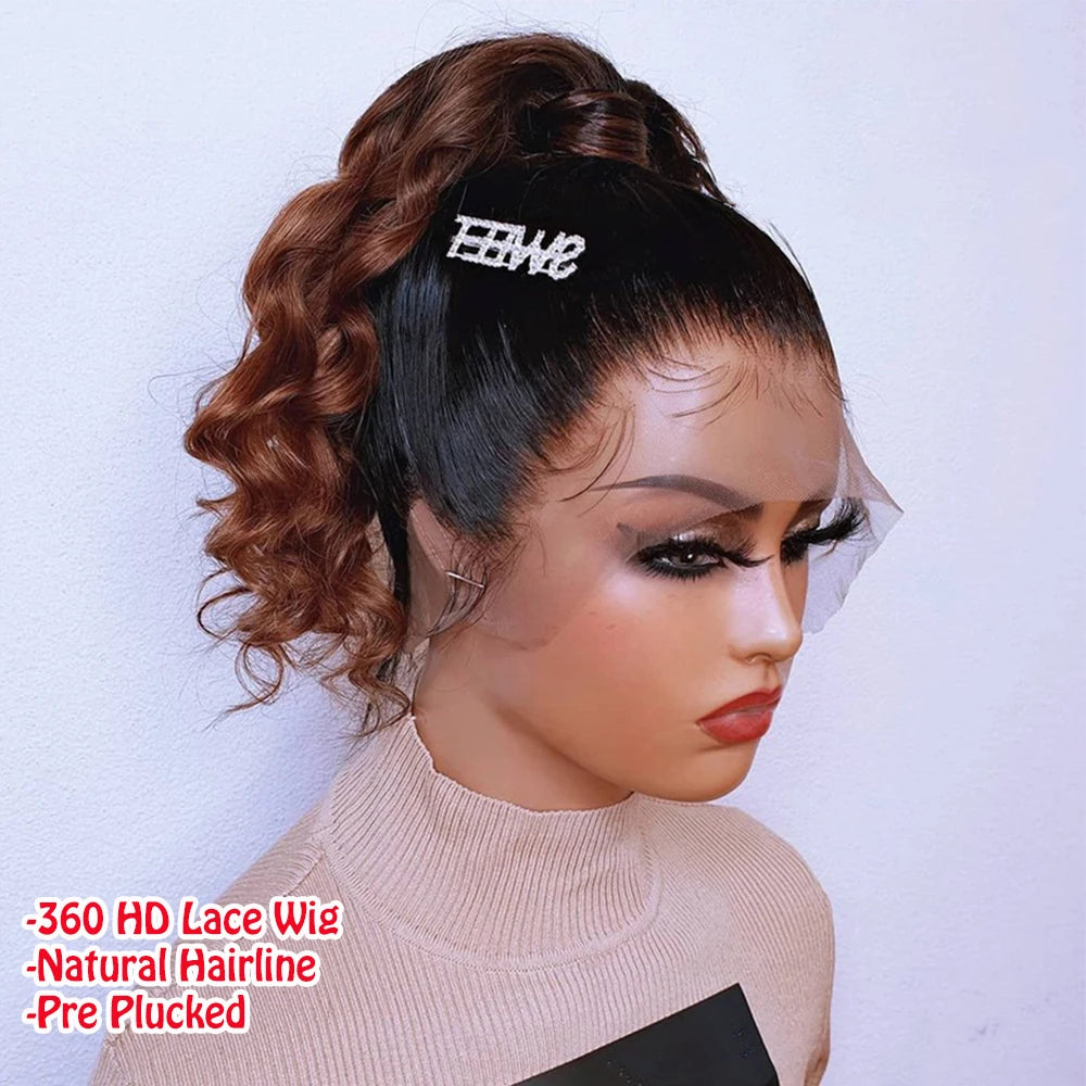 Ombre Brown Colored HD 360 Lace Frontal Wig Human Hair Glueless Melt Skins Brazilian Wig