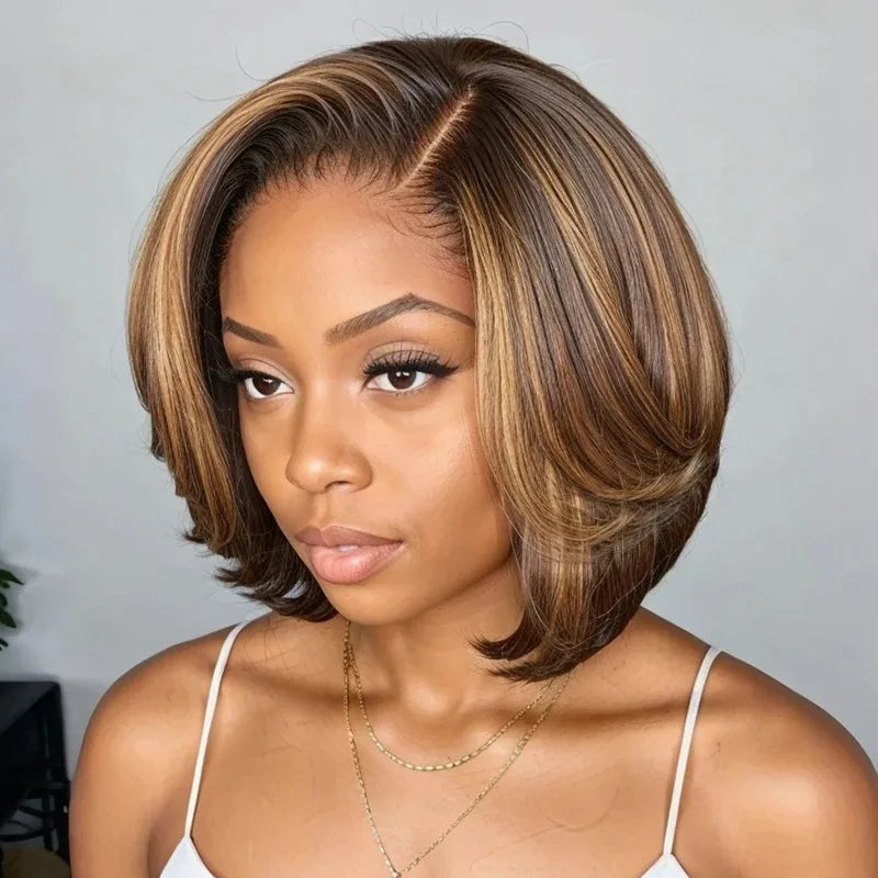 Brown Mix Blonde 5x5 Closure Lace C Part Glueless Highlight Bob Wig