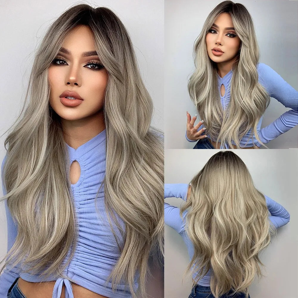 Brown Blonde Ombre Natural Hair Wigs for Women Long Wavy With Dark Roots Synthetic Wig