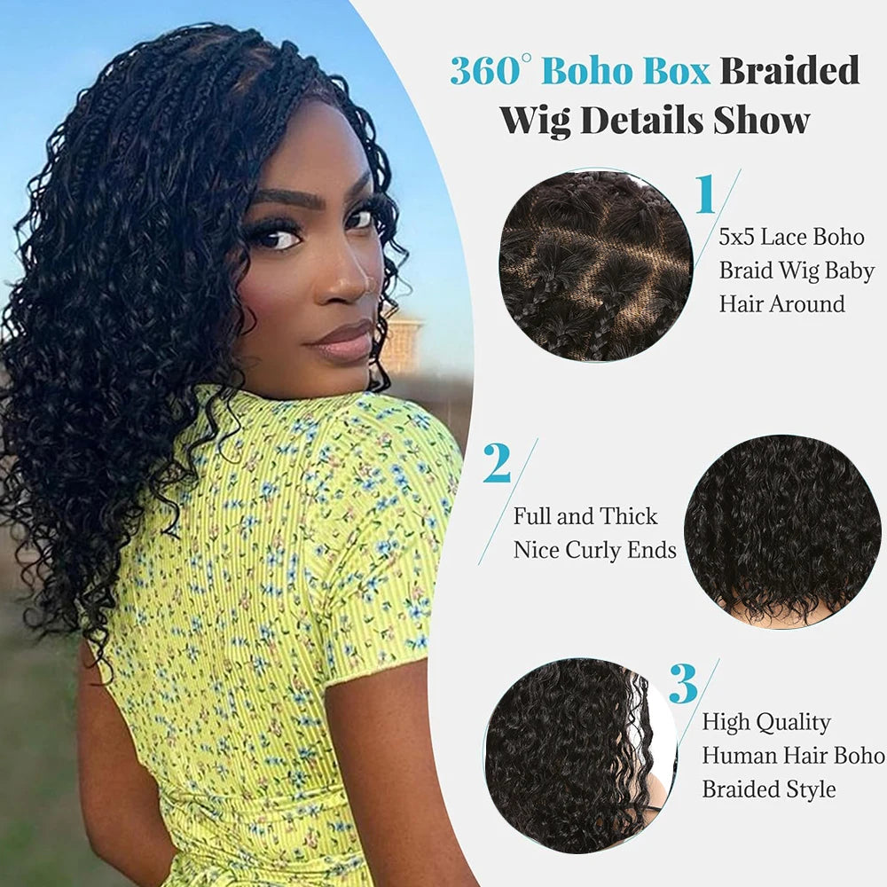 Boho Box Braids Wig 5X5 Curly Lace Closure Braided Wig Square Parted Knotless