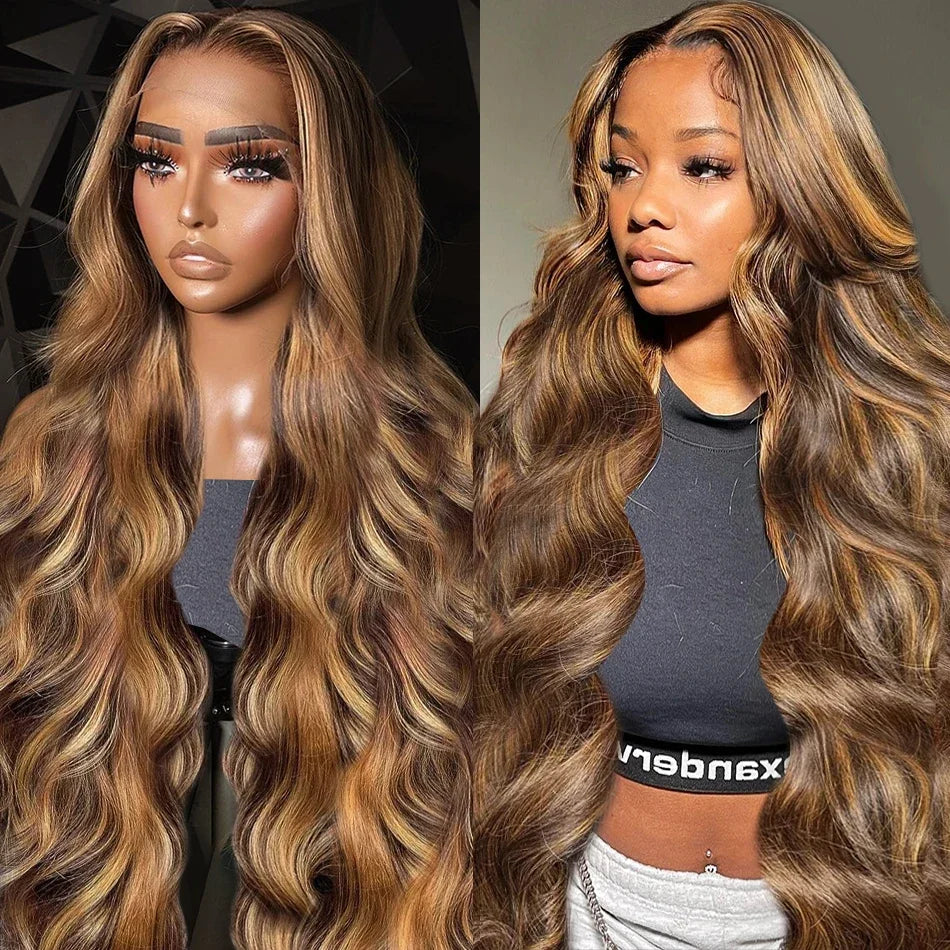 P4/27 Highlight HD Transparent Full Frontal Lace Human Hair Wigs Brazilian Body Wave Frontal
