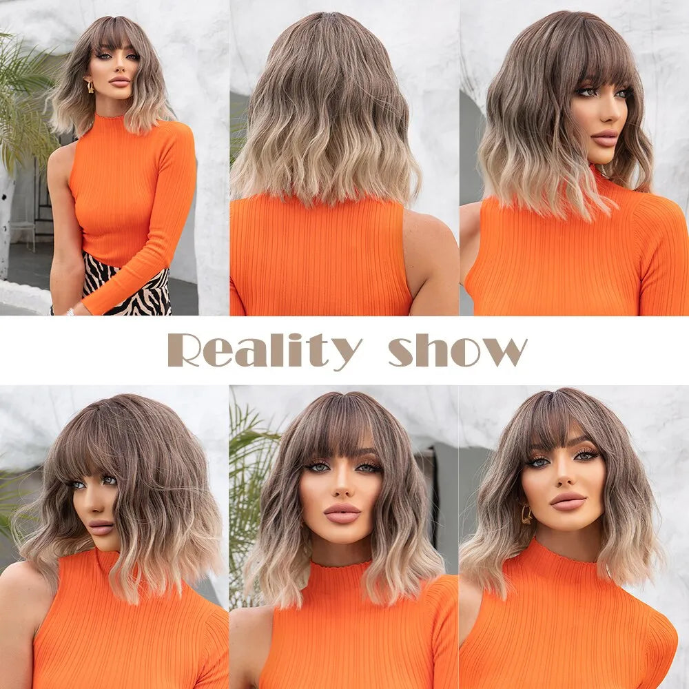 Grey Wavy Bob Wigs with Bangs Short Blonde Ombre Synthetic Wig