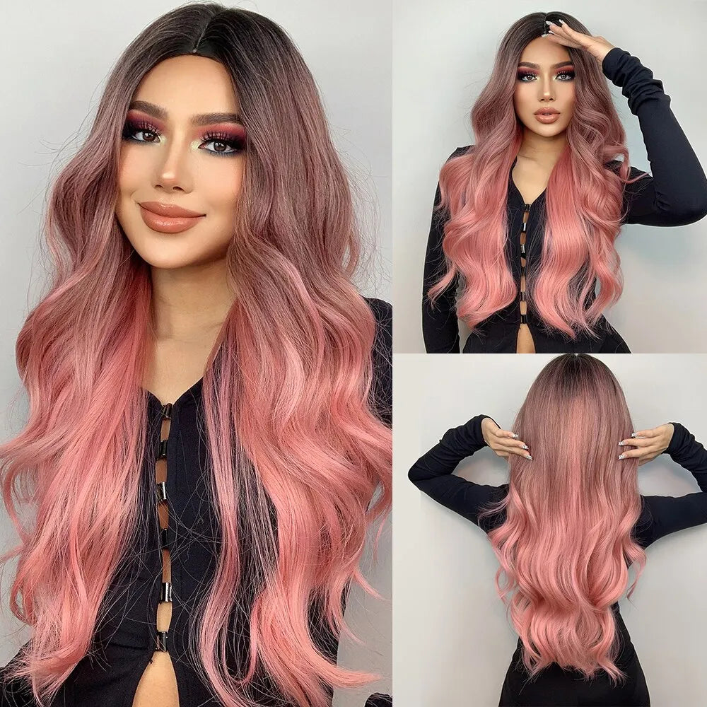 Pink Wigs Wavy Wig Middle Part  Synthetic Heat Resistant Wig Natural Hair Looking