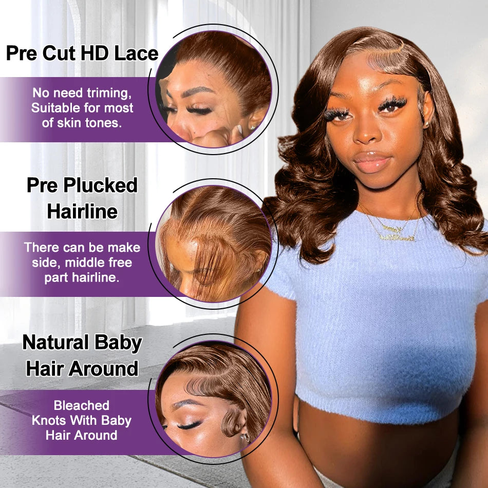 Chocolate Brown Body Wave Short Bob Wigs 13x4 HD Transparent Lace Front Wig Brazilian Lace Frontal Human Hair Wigs Pre Plucked