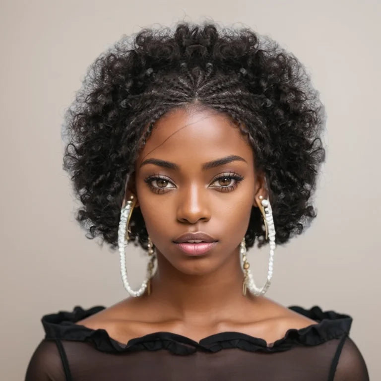 Afro Puff 13x4 Lace Frontal Human Hair With Pre Made Cornrow Braided Kinky Curly Wig With Baby HairHair Wig