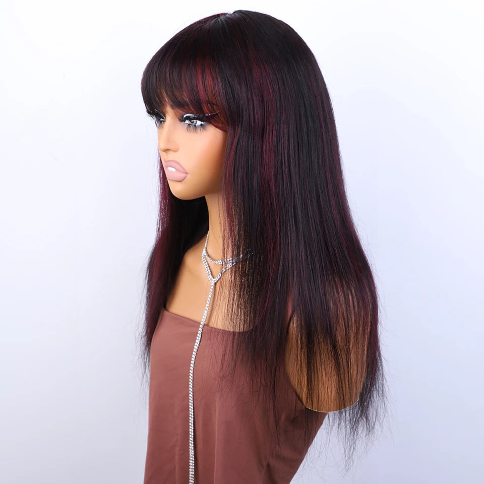 24" Long Highlight Burg Red Bone Straight Human Hair Wigs With Bangs Brazilian Remy Hair