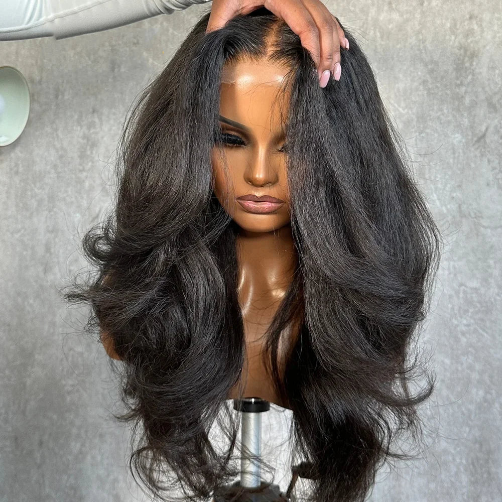 26Preplucked Black Yaki Kinky Body Wave 180Density Natural Hairline