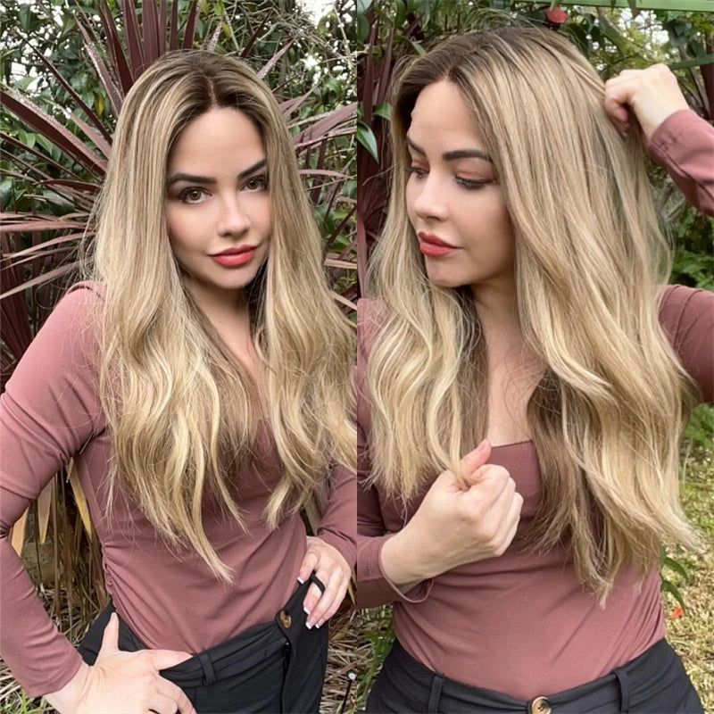 Ash Blonde Highlight Synthetic HD Lace Front Wig Colored Silk Loose Wave Glueless Wig Dark Roots Blonde Wig