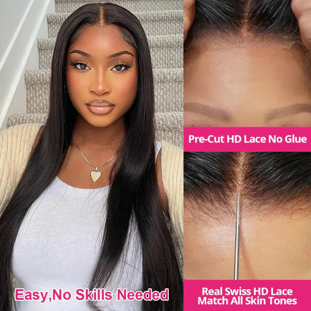 13x6 Wear Go Glueless Wig Silky Straight HD Lace Glueless Wig Human Hair Pre-Bleached Knots Wig 7x5 HD Glueless Wigs