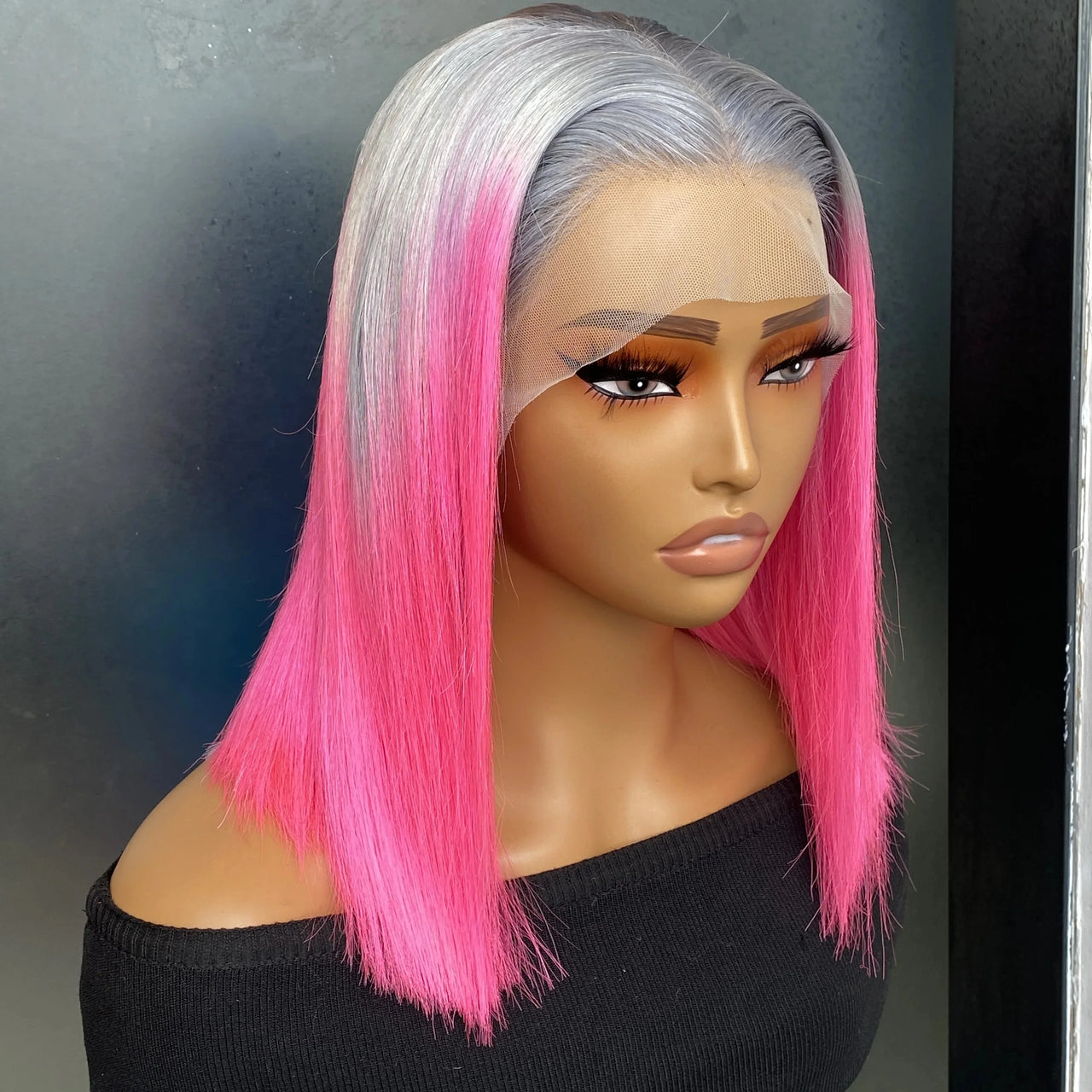 13x4 Lace Ombre Grey Pink Colored Wigs Human Hair Short Bob Wig Preplucked Transparent Lace Frontal