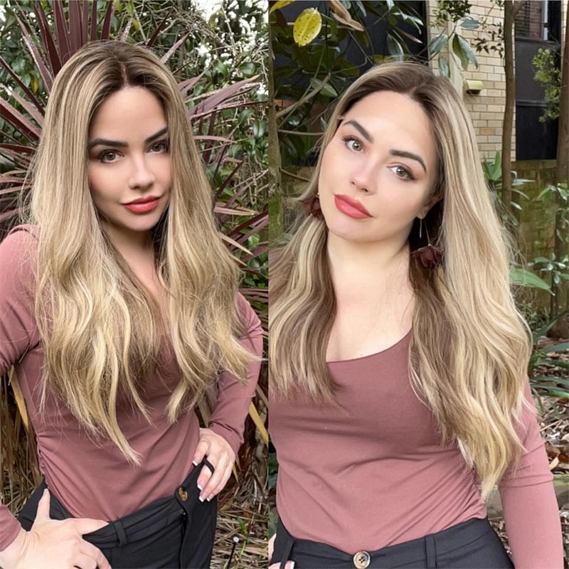 Ash Blonde Highlight Synthetic HD Lace Front Wig Colored Silk Loose Wave Glueless Wig Dark Roots Blonde Wig