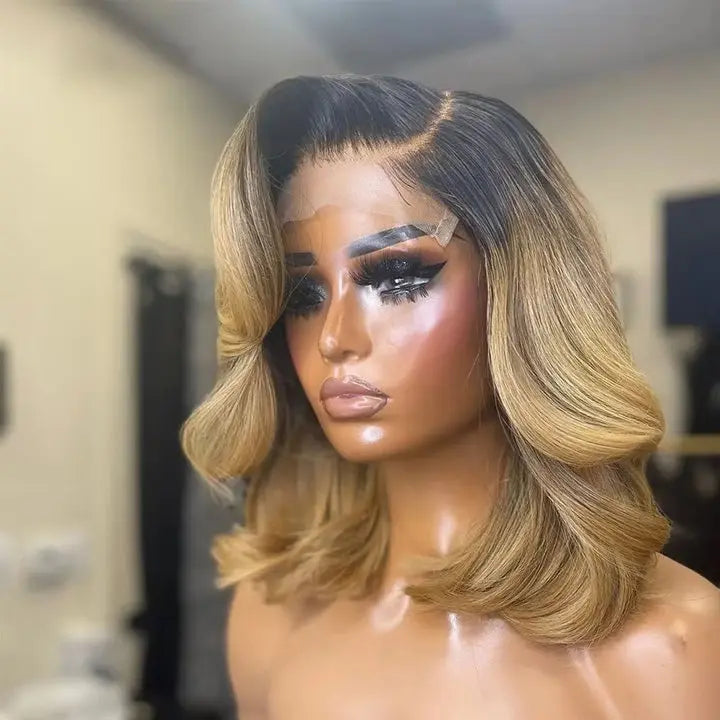 Gorgeous Ombre Blonde Color Loose Wave 13x4 Closure Lace Glueless Short Frontal Lace Human Hair Wig