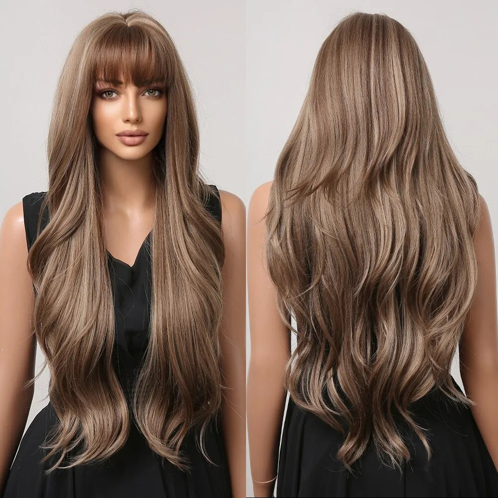 Brown Mixed Blonde Synthetic Wigs with Bang Long Natural Wavy Hair