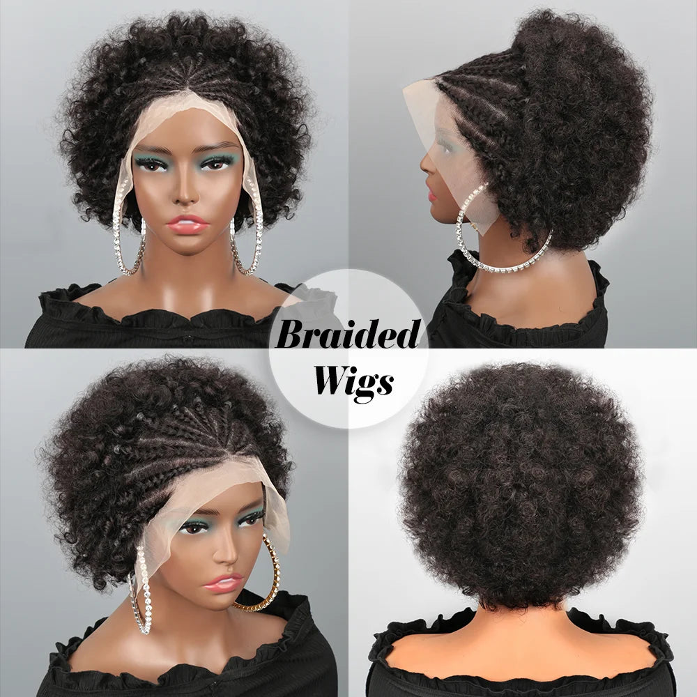 Afro Puff 13x4 Lace Frontal Human Hair With Pre Made Cornrow Braided Kinky Curly Wig With Baby HairHair Wig