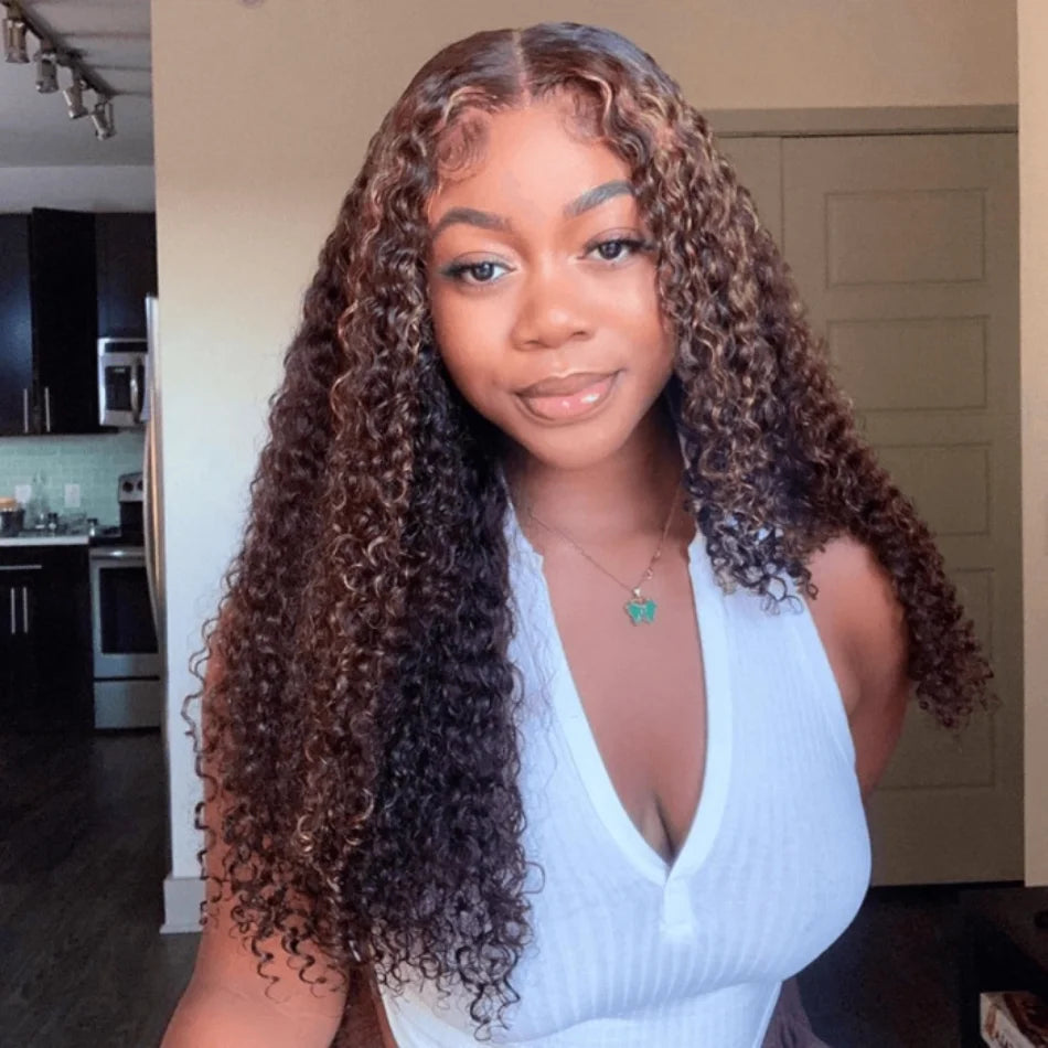 FB30 Brown Highlights 3/4 Pcs Jerry Curly Brazilian Human Hair Weave Bundles with Closure Remy Hair Extensions