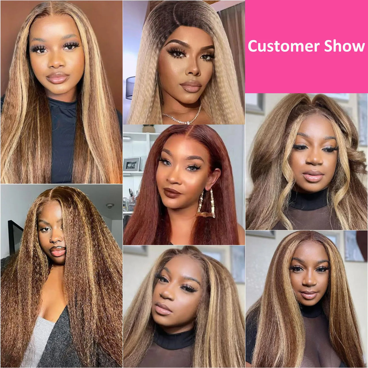 Kinky Straight Yaki Straight Blonde Brown Piano Color Lace Front Wig PrePlucked Remy Hair