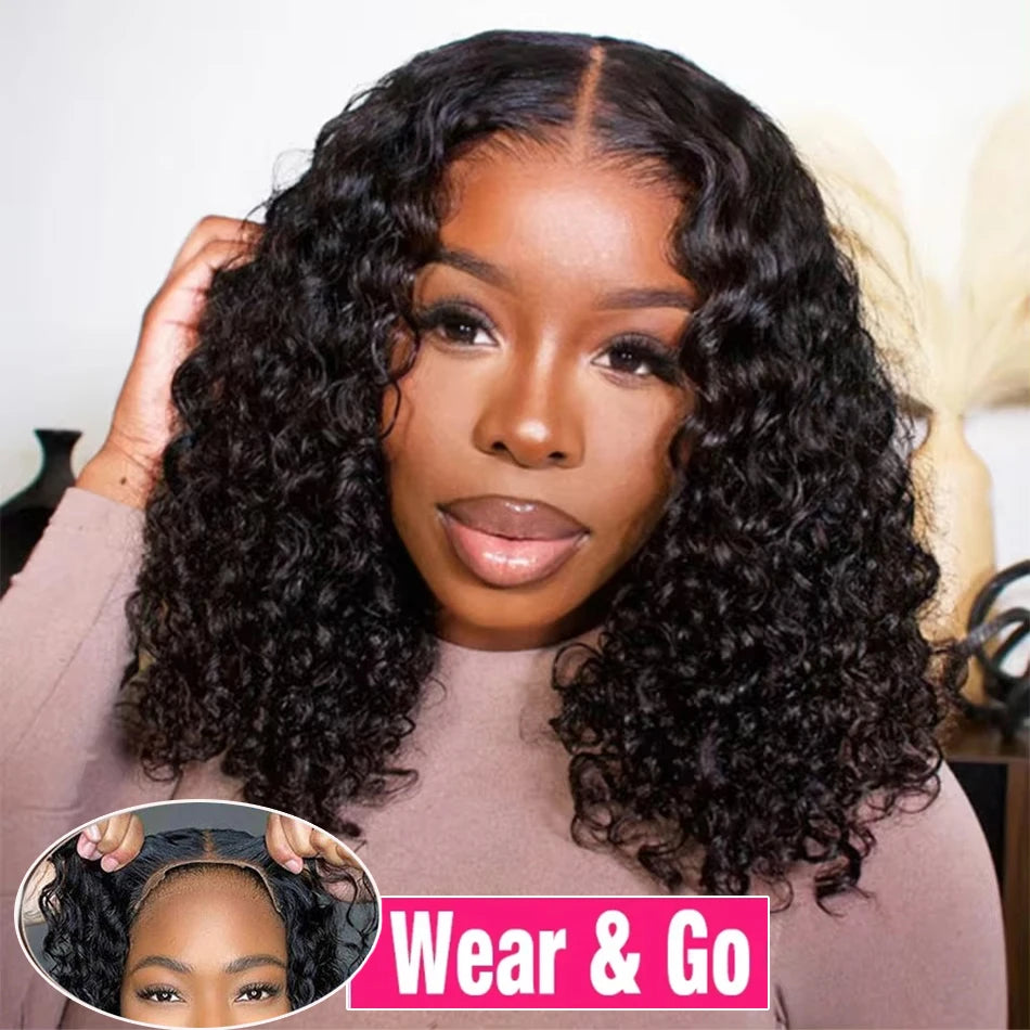 Wear And Go Bob Wigs Human Hair 180% Water Wave Glueless  Pre Cut