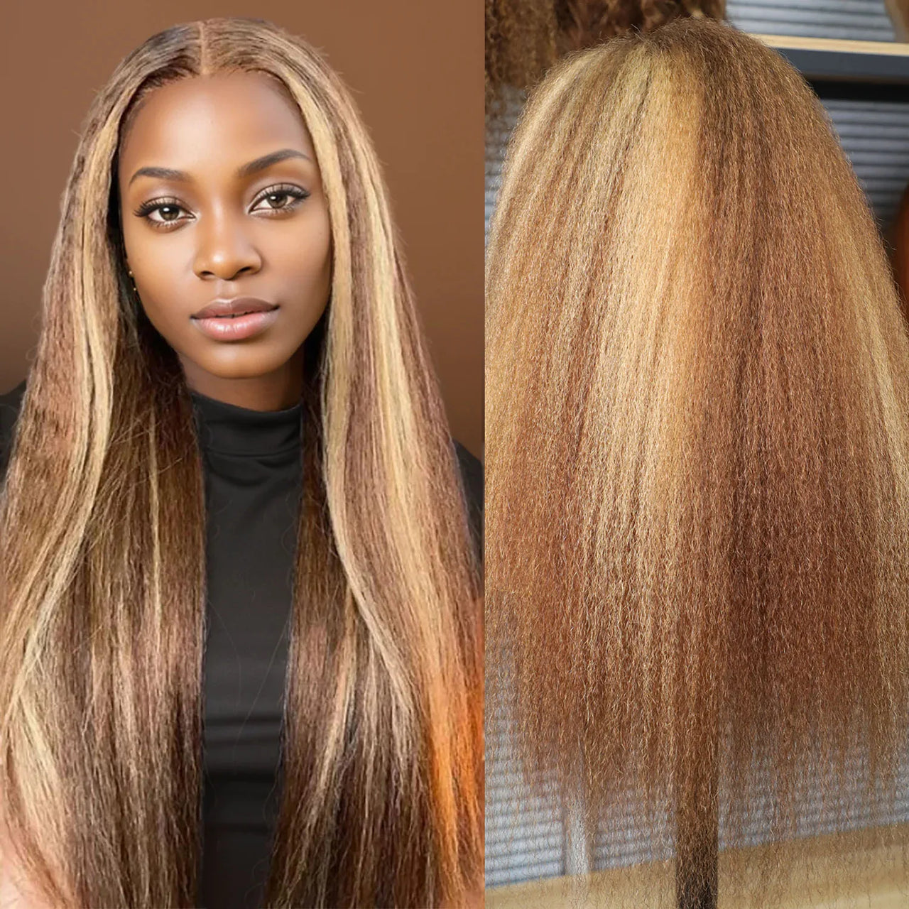 Kinky Straight Yaki Straight Blonde Brown Piano Color Lace Front Wig PrePlucked Remy Hair