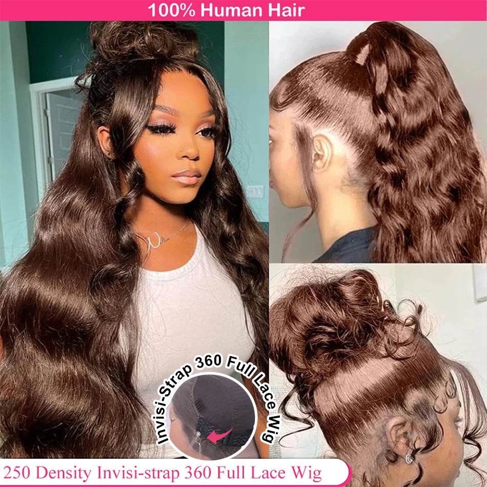 Brown HD Invisi-Strap 360 Full Lace Wig Pre Plucked Chocolate Brown 250 Density Body Wave