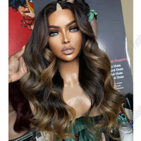Thumbnail for Natural Human Hair V Part Wig for Black Women Adjustable Honey Brown Balayage Loose Wave1*4Size U Part Wigs with Clips Easy Wear